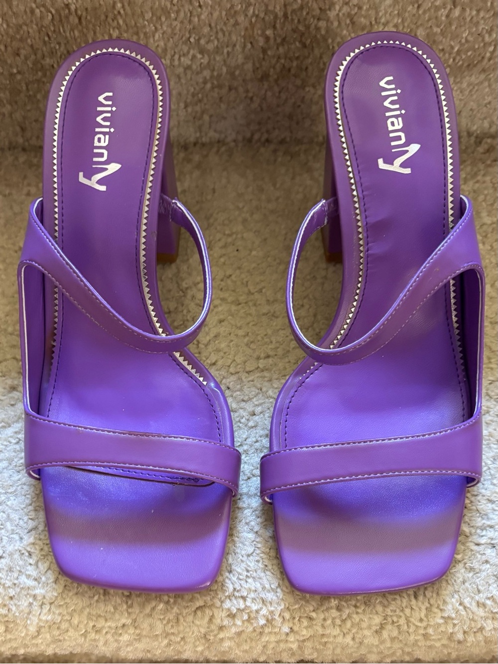 Vivianly Violet Strappy Square-Toe Block Heel Sandals